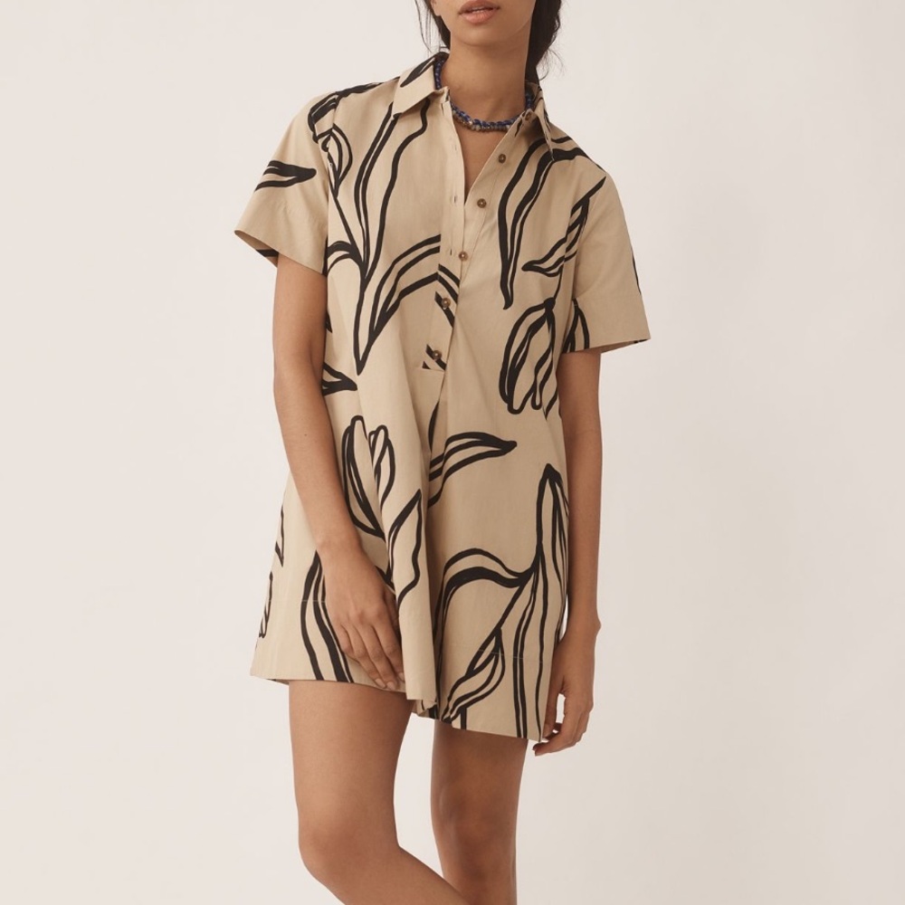 Anthropologie Beige Mini Shirt Dress with Black Abstract Print